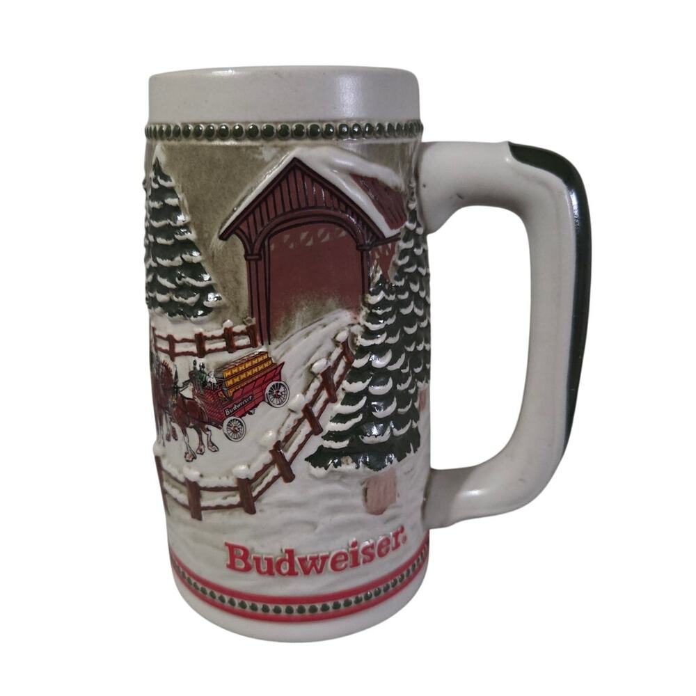 Vtg Budweiser Clydesdale Carmate Christmas Holiday Stein Mug Covered Bridge 1984
